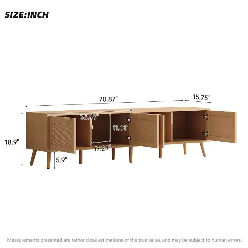 JVNOXK70inch Modern TV Stand with Rattan Doors for TVs up to 80, Media Console with Storage Space & Cable Holes, Entertainment Center for Living Room