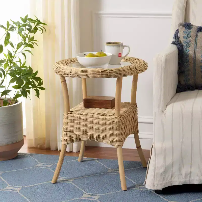 Glass Top Rattan Accent Table - Natural/Clear, Round, No Assembly Required