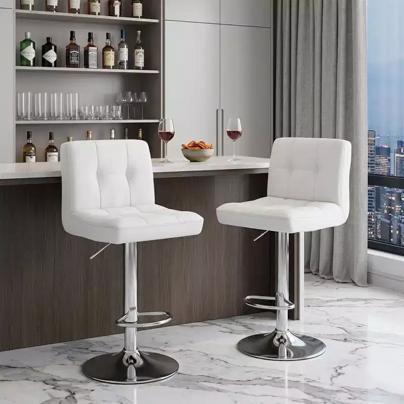 HomeRoots Set of Two White and Silver Faux Leather and Aluminum Adjustable Height Swivel Bar Chairs