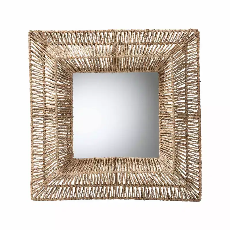 Modern Bohemian Metal and Natural Brown Seagrass Accent Wall Mirror