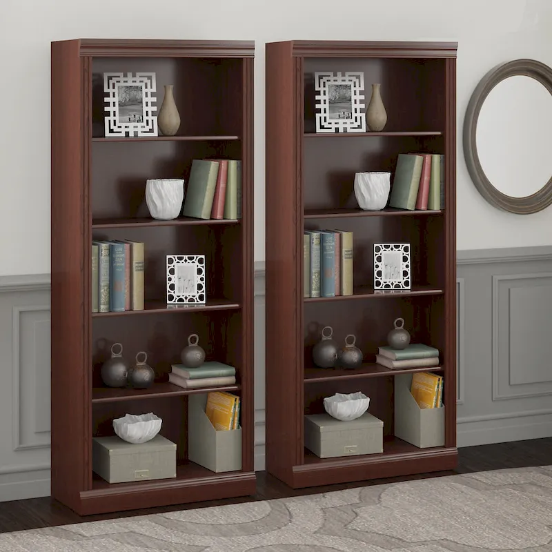 A five-tiered bookcase, two-piece set.