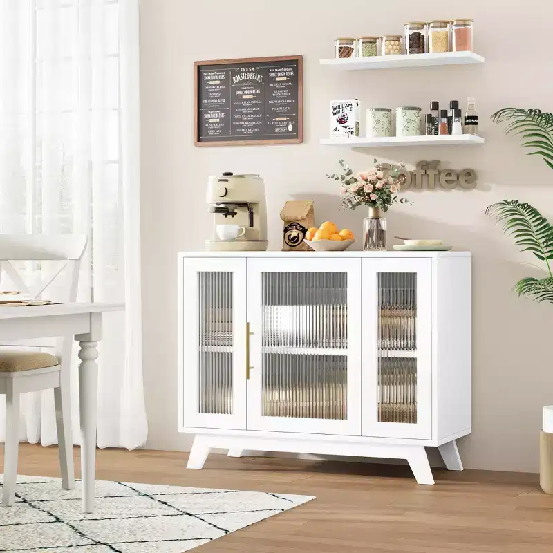 36 Modern Coffee Bar Cabinet - Buffet Sideboard with Fluted Glass Doors & Adjustable Shelves
