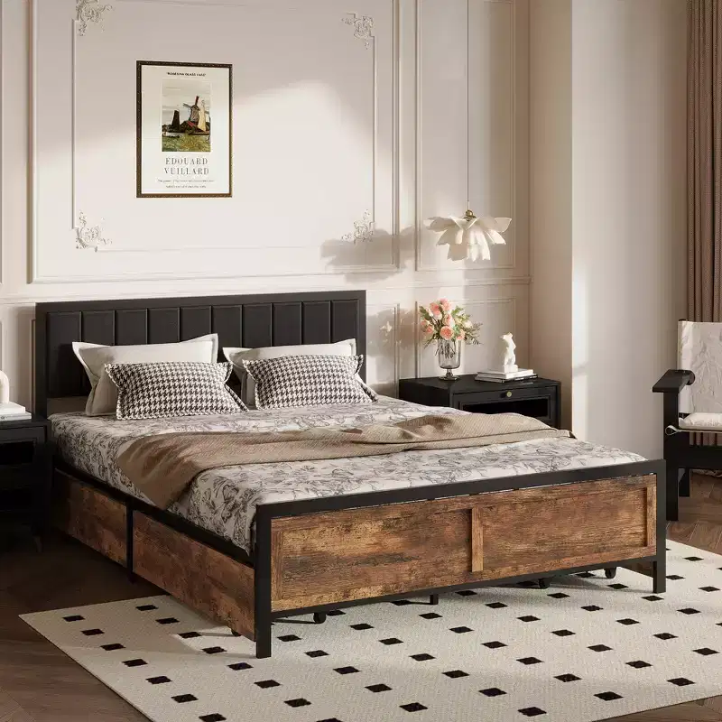 Dyonery Queen Size Bed Frame, Metal Platform Bed Frame with Wooden Headboard with Rivet, 15 Heavy Duty Iron Slats Support, Large Under-Bed Storage.