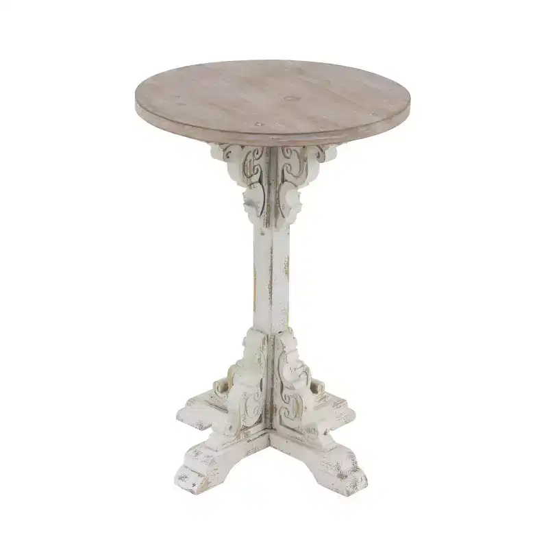 Round Farmhouse Accent Table - Gray, Chinese Fir Wood, Pedestal Base, 16