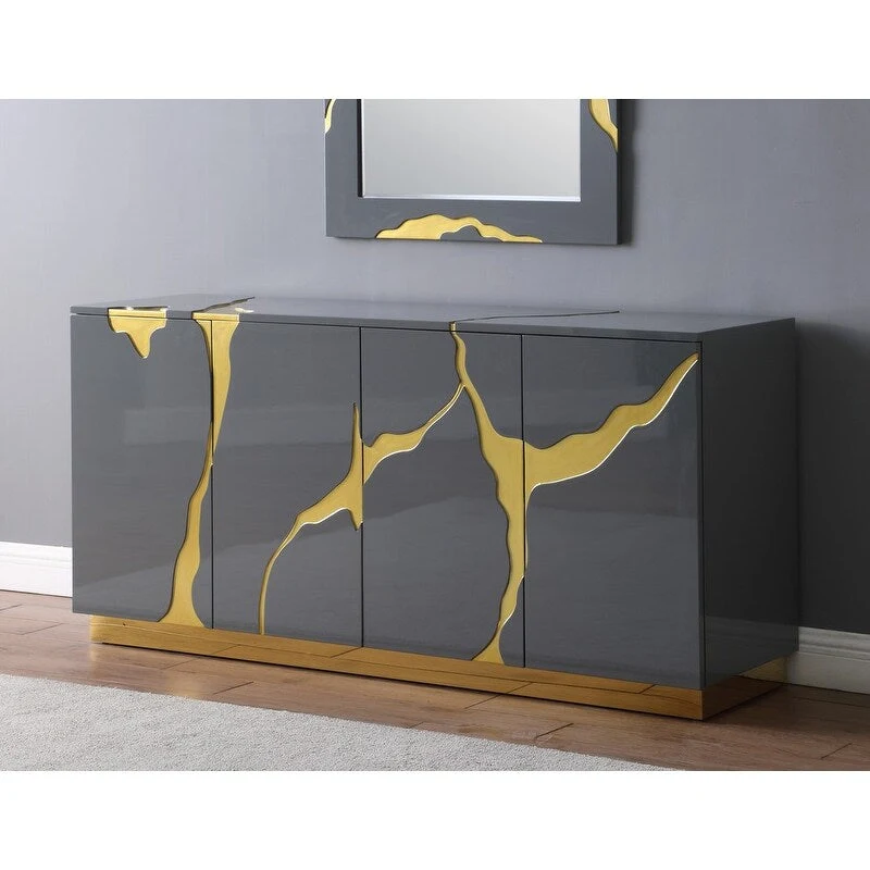 Best Master Furniture 66-Inch Lacquer Poplar Wood 4-Door Sideboard with Adjustable Shelves
