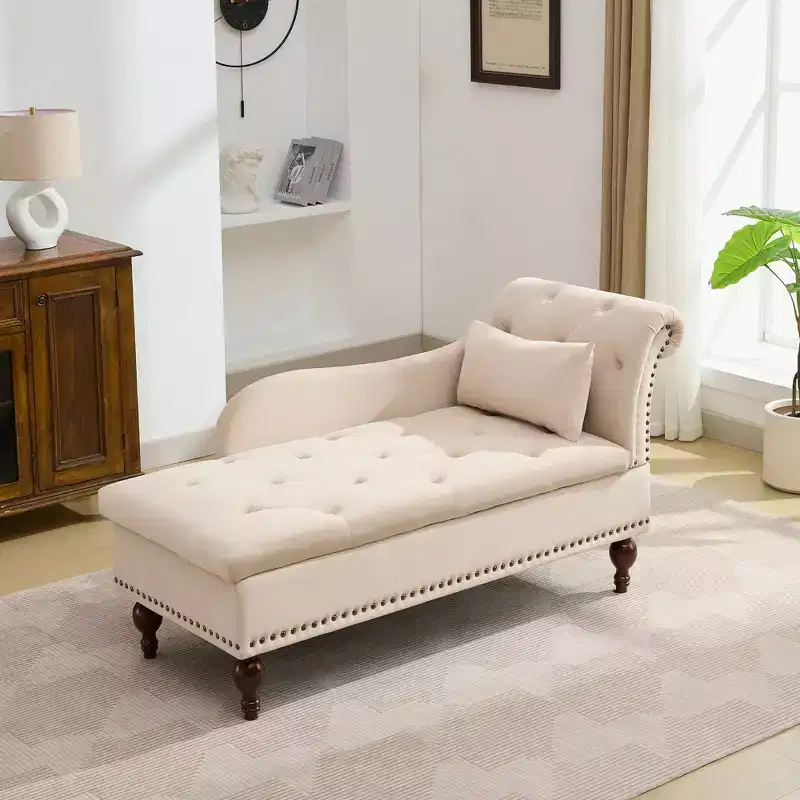 HYLEORY Storage Chaise Lounge, Modern Button Tufted Velvet Upholstered Leisure Accent Chair with Solid Wood Legs & Lumbar Pillow (right Armrest)