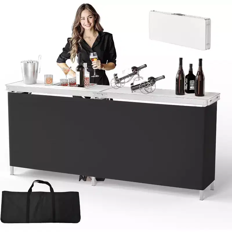 VINGLI 78 Portable Bar Table, 2-Tier Shelves, Mobile Bar Table for Events, Party, Camping, Picnic, Tradeshow, Indoor with Black Skirt