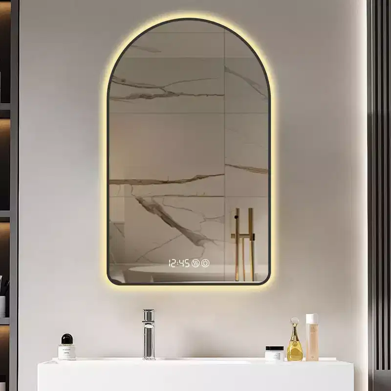 Okak Arched Vanity Mirror with Time and Temperature Display, Anti-Fog Bathroom Mirror with Three Color Temperatures for Bathroom
