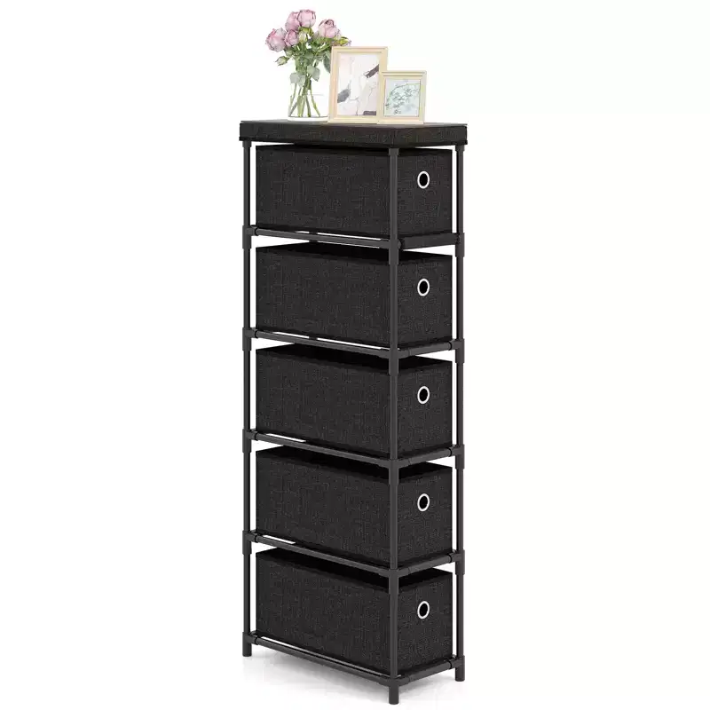 Slim Dresser with 5-Drawer, Anti-tip Kits, Space-Saving Chest of Fabric Drawers