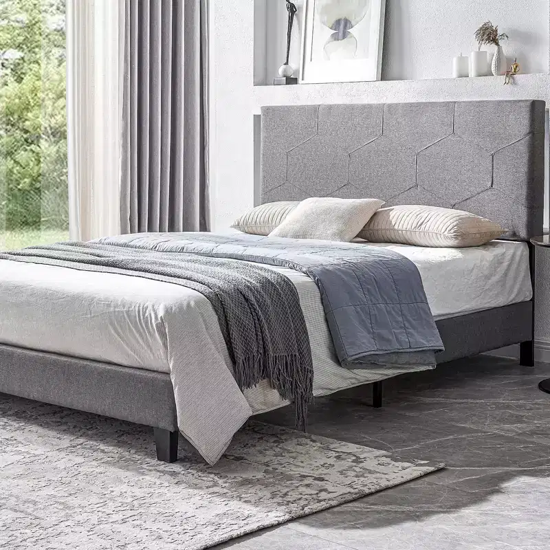 Okak Queen Size Upholstered Platform Bed Frame, Linen Bed Frame with Wood Slat Support for Bedroom, Gray PU