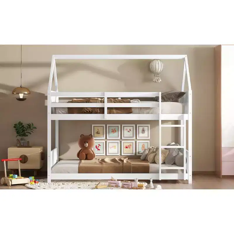 Twin House Floor Bunk Bed with Headboards, Footboards and Guardrails Gray