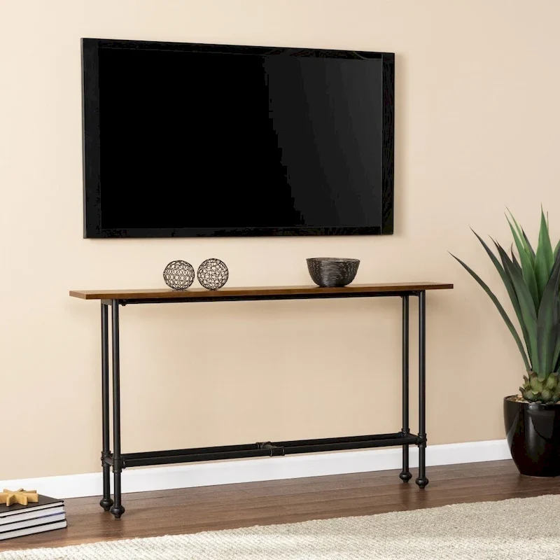Espresso Wood Rectangular Console Table with Black Metal Base - 56 L x 8 W x 30 H