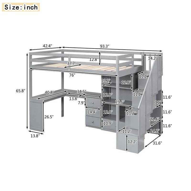 Twin Size Wooden Loft Bed with L-Shaped Desk and Drawers, Cabinet and Storage Staircase