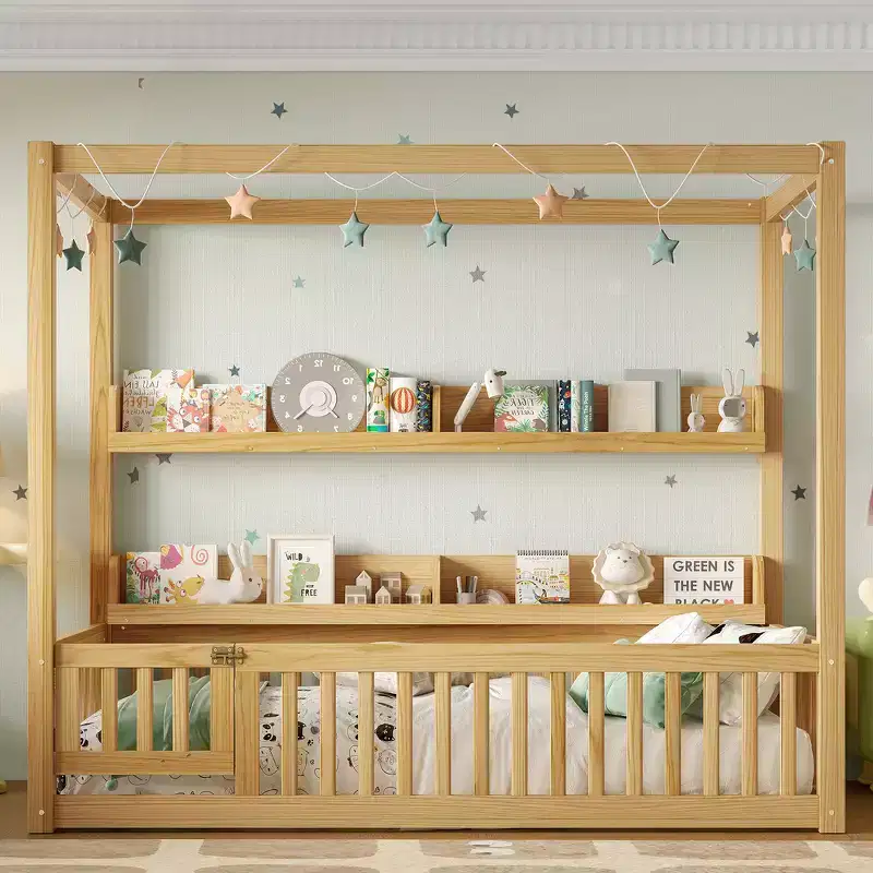 Zeus & Ruta Solid Wood Floor Bed with Canopy, Guardrails & Shelves for Kids - No Box Spring Needed