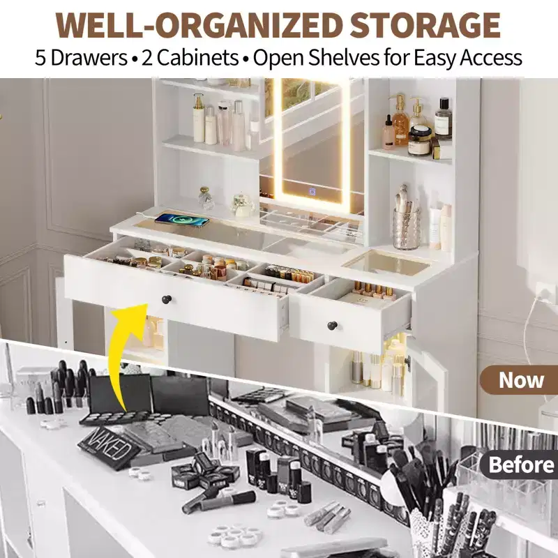 Sliding Mirror Vanity Desk, 7 Drawers, 6 Storage Shelves, Modern Makeup Vanity Table, Easy Assembly, for Home, Living Room