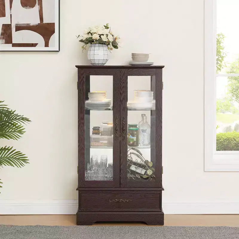 Okak Display Cabinet, Storage Cabinet with 2 Glass Doors and 1 Drawers, Freestanding Cabinet for Living Room, Hallway, Office