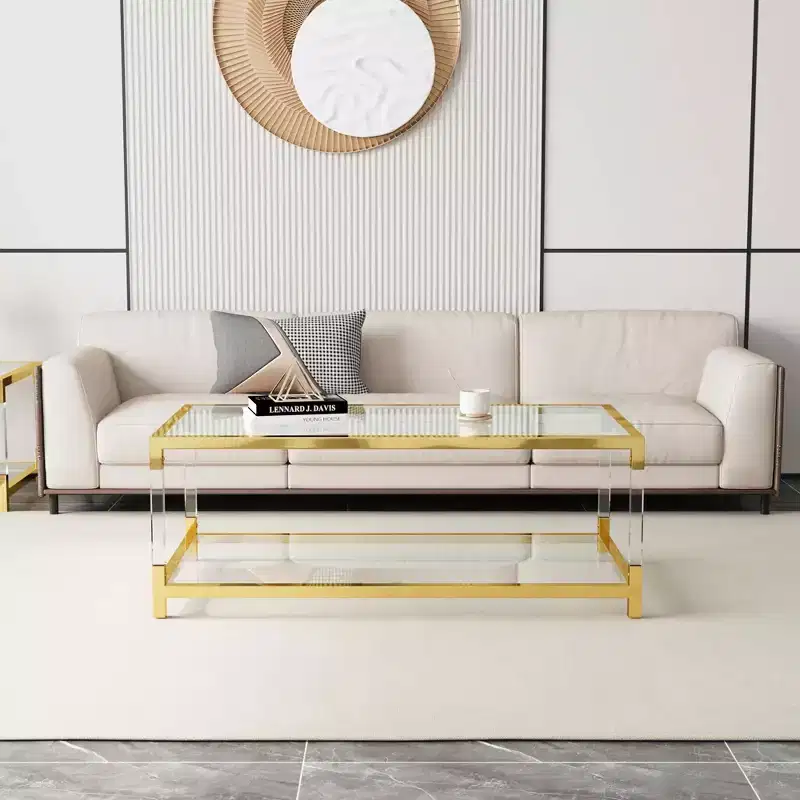 MAYEERTY Modern Acrylic Legs Coffee Table, Double Layer Tempered Glass Top with Golden Metal Frame for Living Room Office