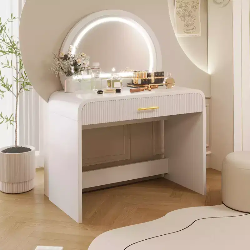 Makeup Vanity Table with Lighted Mirror, Bedroom Vanity Desk, Contemporary Vanity Set with Padded Stool, Dressing Table with Spacious Drawers
