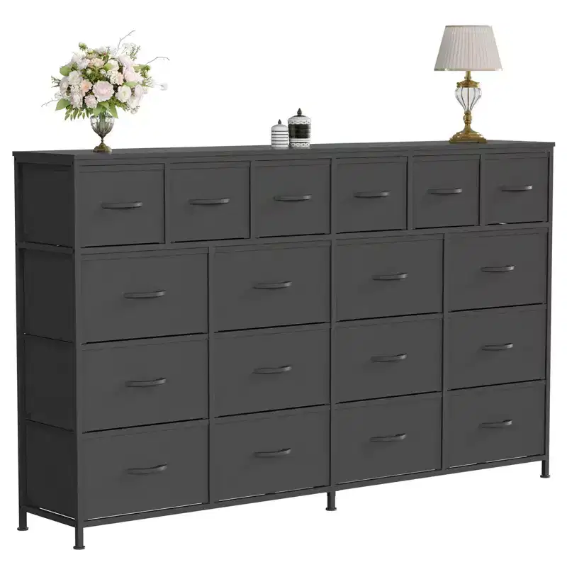 63''W Dresser with 18 Fabric Drawers Dresser for Bedroom with Charging Station, Lager Sturdy Bedroom Dressers, Steel Frame, 63 W*39 H*11.8 D