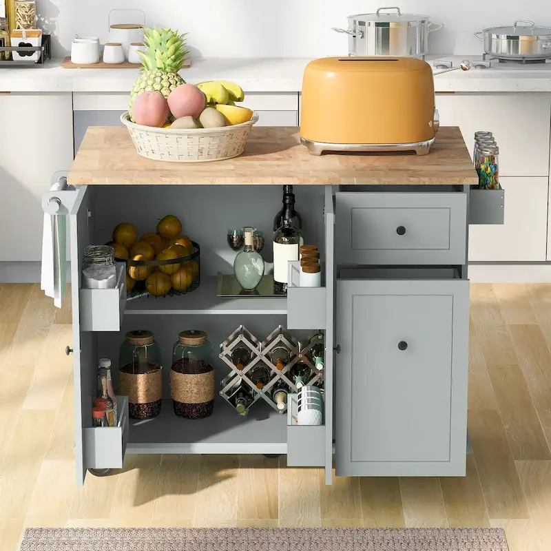 Rubberwood Kitchen Cart with Drop Leaf, 2 Drawers, Spice Rack & Locking Wheels