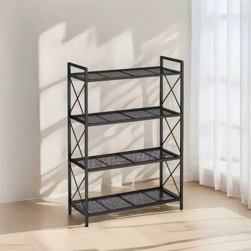 Ink Black 4 - Tier Metal Storage Rack with X Side Frames and Dense Mesh, Sized 12.6 x 31.5 x 44.3 Inches. Ideal Industrial Style Shelving Unit