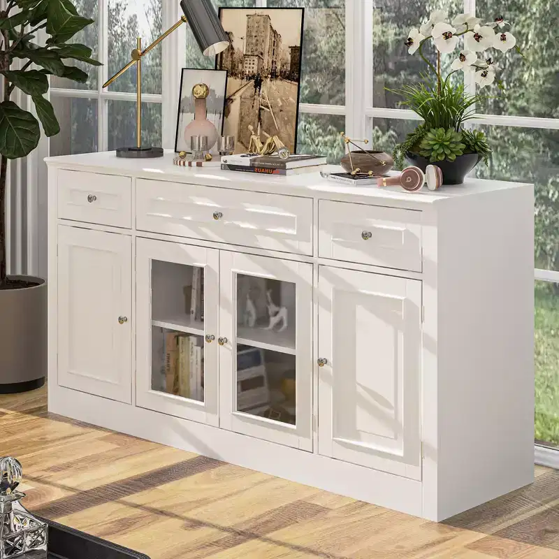 Modern TV Stand with Glass Doors & 3-Drawer Media Console for Living Room