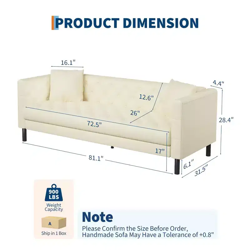 81 Modern Sofa Couches for Living Room, Leather Couch with Handmade Button, 3 Seater Sofa with Deep Seats, Brown Chesterfield Sofa for Apartment