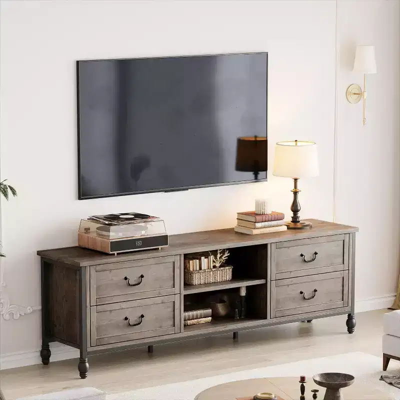 64.6 Mid-Century Modern TV Stand with Storage, Entertainment Center Featuring Metal Roman Columns and Drawer, TV Console Table for Living Room