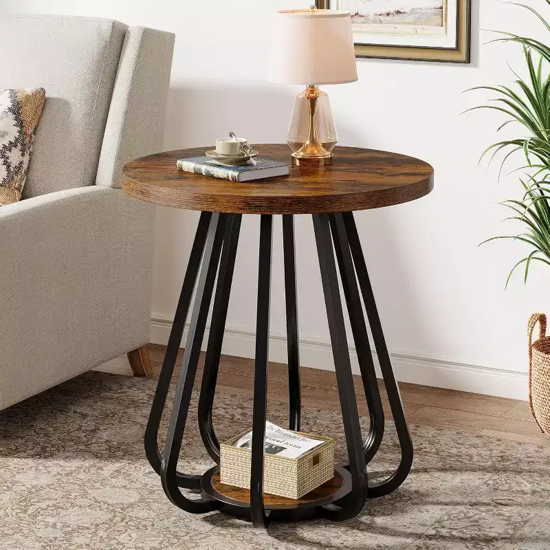 2-Tier Round Side Table with Metal Frame and Lower Shelf – Brown & Black