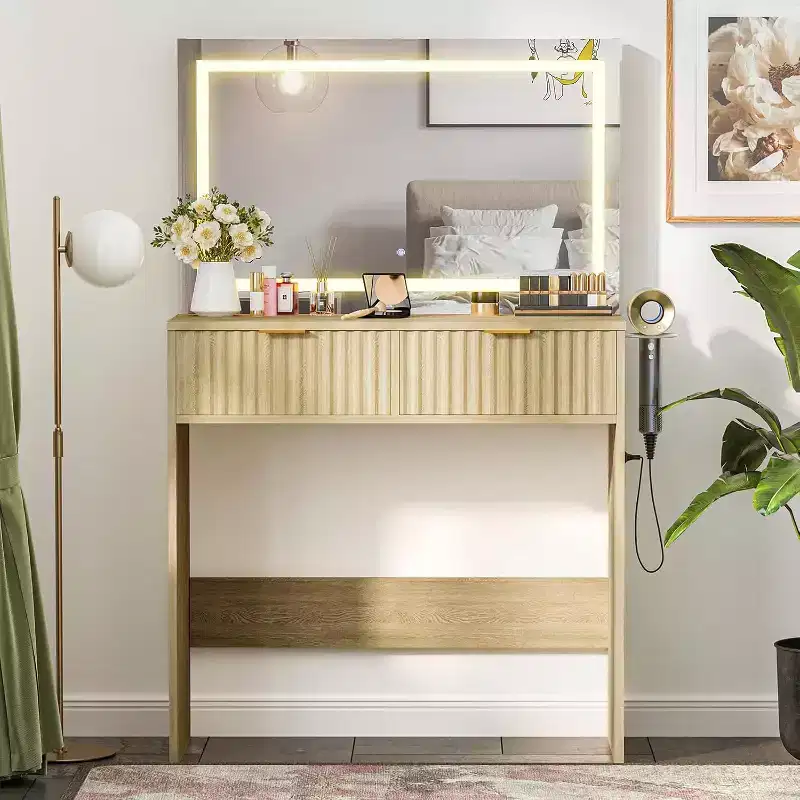 51 Makeup Vanity with Lighted Mirror and Adjustable Lights - Natural Wood Dressing Table for Bedroom