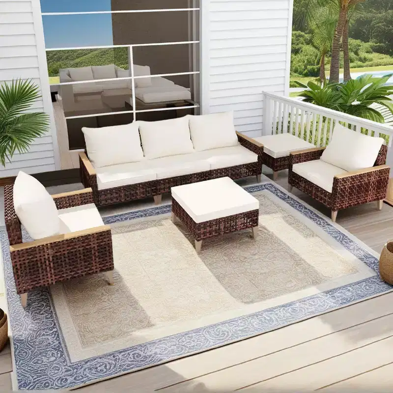 Whisen Patio 5 Pieces Outdoor Sofa Set, 7-Person Patio Garden Rattan Conversation Seating Set with Soft Cushions - White