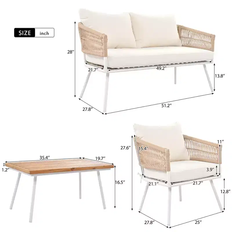 GDFStudio Shaun 4 Piece Boho Patio Conversation Set with Acacia Wood Coffee Table and Metal Seating
