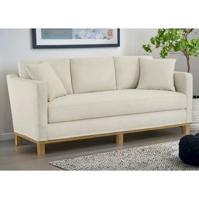 Jolene 3-Seater Upholstered Sofa with Wood Base and Throw Pillows