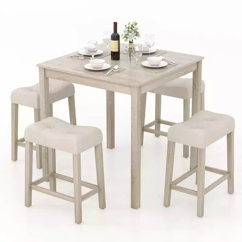Costway 5 PCS Square Bar Table Set for 4 w/ Padded Stools Rubber Wood Legs for Kitchen