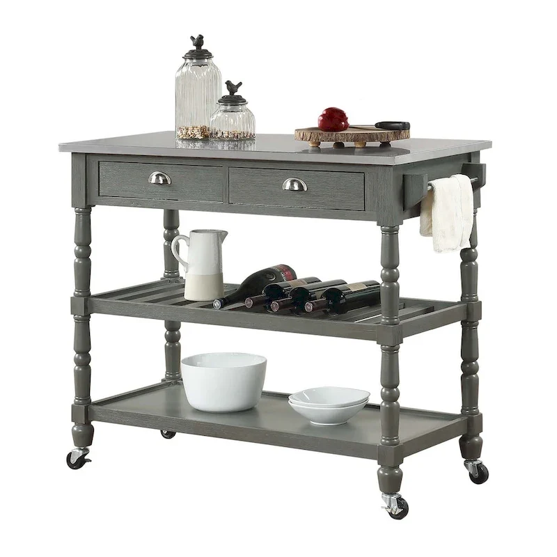 French Country 3 Tier Stainless Steel Kitchen Cart with Drawers