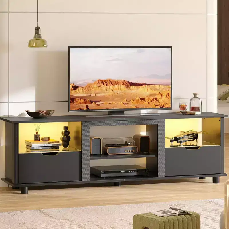 70 inch TV Stand with LED Lights, Entertainment Center for TVs up to 75, TV Console Table with Drawers & Adjustable Shelves