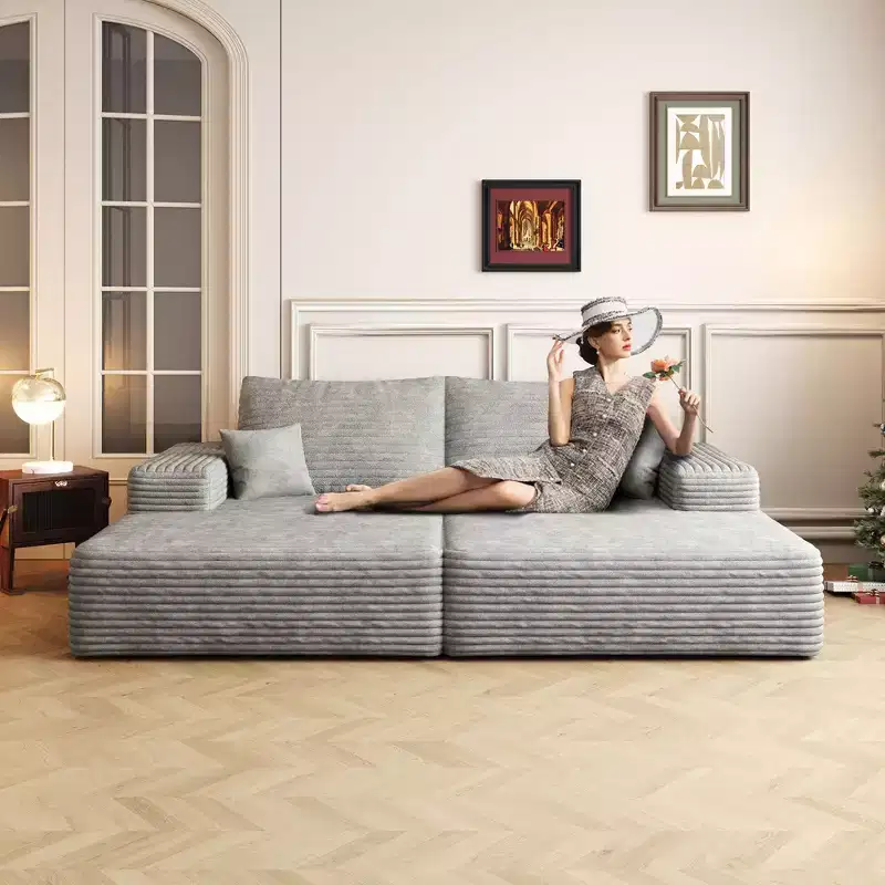 74.8 Modern Sofa bed With Dual sleeper, lounger for moviebonus room,Grey (Plush Corduroy Fabric)