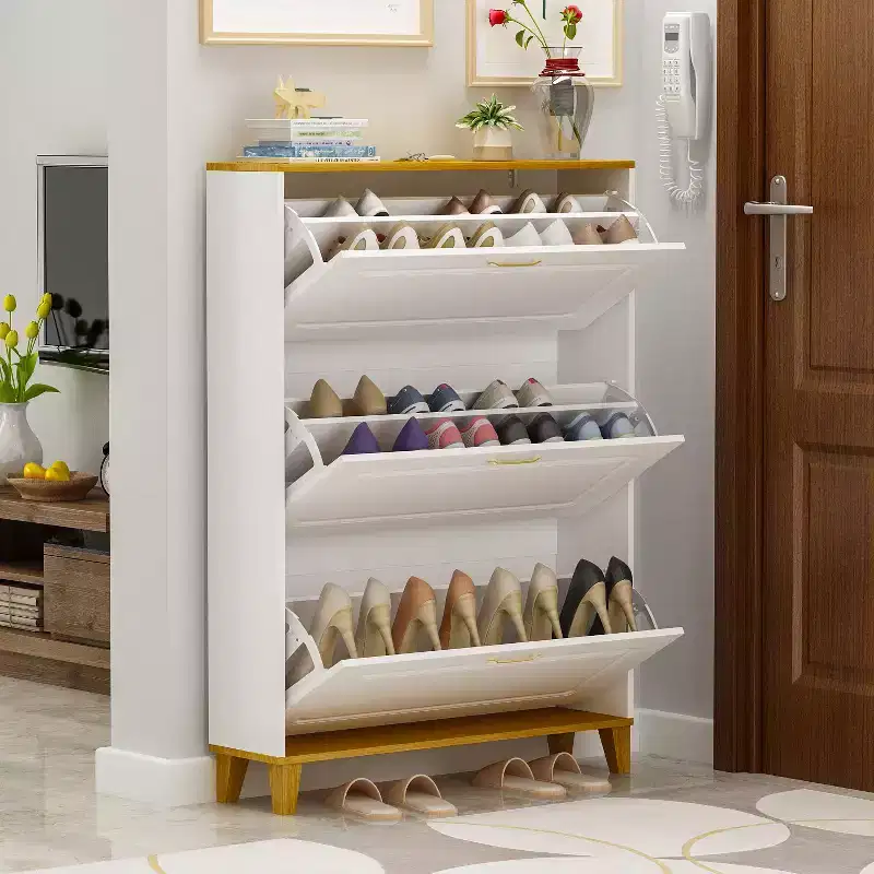 Famapy 35.4W White Shoe Storage Cabinet with Foldable Compartments and Drawer