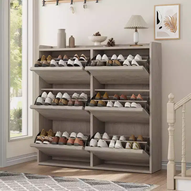 Shoe Cabinet with 6 Flip Drawers, Wooden Shoe Rack Cabinet with Adjustable Shelves, 3-Tier Shoe Storage Organizer for Entryway, Hallway, Living Room
