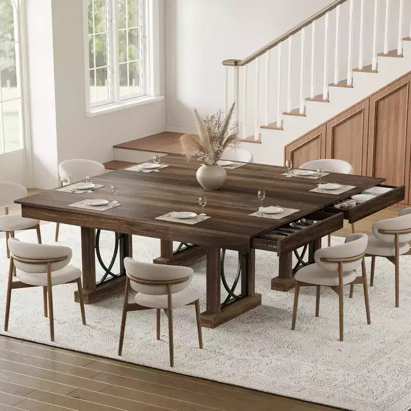 Dining Table for 6-8 with 2 Drawers, Wooden Kitchen Table with Double Pedestal & Large Tabletop, 8 Ft Large Rectangular Dinner Table with Sturdy Frame