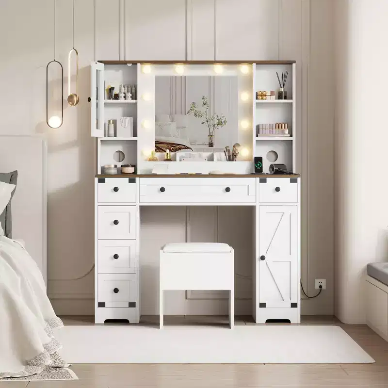GustoWave Makeup Vanity and Stool, Vanity Desk with Lights, White Vanity Table with Charging Station, 6 Drawers and Cabinets