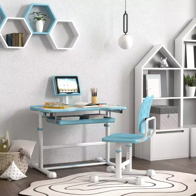 Qaba Kids Desk and Chair Set, Height Adjustable Study Desk and Chair Set with Tilt Desktop & Storage for Writing Reading and Drawing