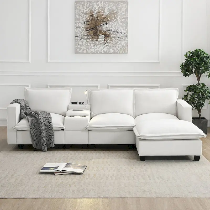 Chenille Square Arm Mid-Century Modern USB Port Sectional Sofa - 109 x 57