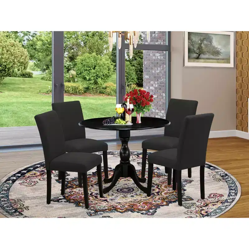 HomeStock Belmont 5 Piece Wood Dining Table Set 1 Drop Leaves Dining Room Table and 4 Black Linen Fabric Dining Chair, Wire Brushed Black Finish
