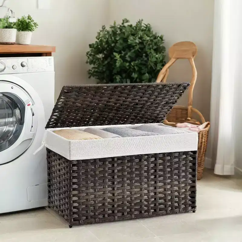 Storage Basket with Lid, 27.7 Gallon (105L) Woven Storage Bin. Features handles, a removable liner, and a metal frame.