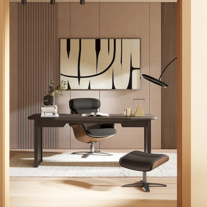 31.5 Curved Wood Genuine Leather Recliner Lounge Chair
