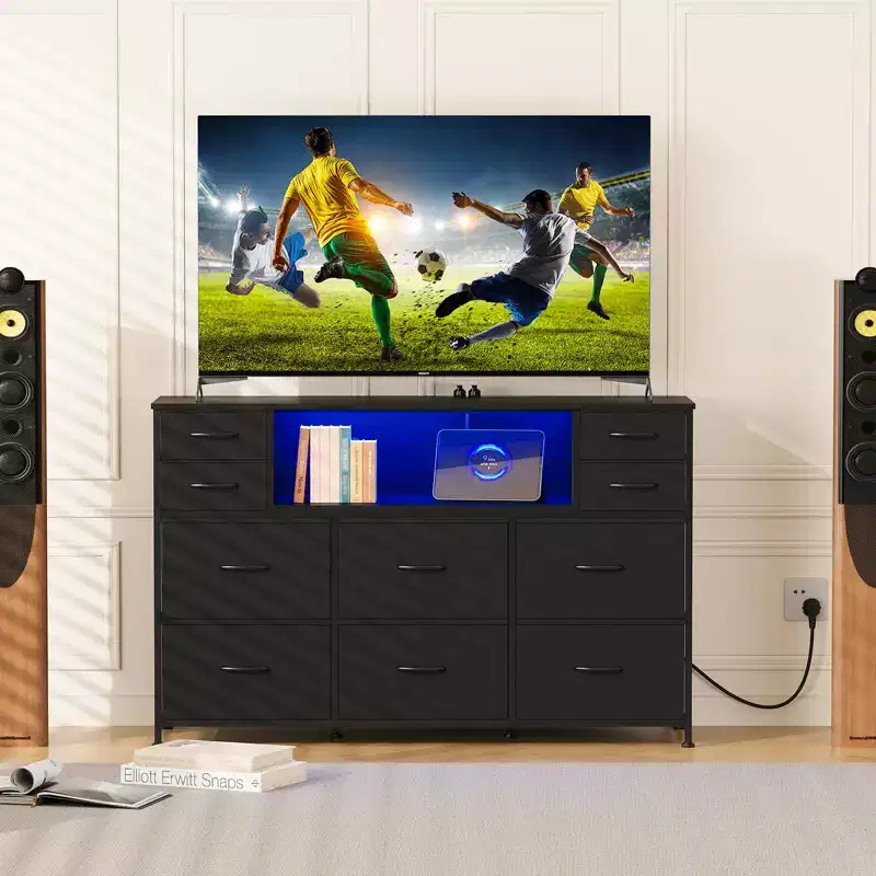 10-Drawer Dresser TV Stand, LED Light Strip & Power Outlets, Fabric Drawer Chest with Wood Top, Entertainment Center for 55 Inch TV, Storage Dresser