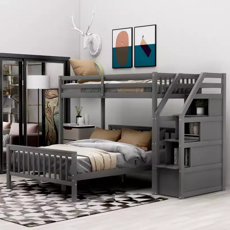 Modern Wood Twin over Full Loft Bed with Staircase Storage