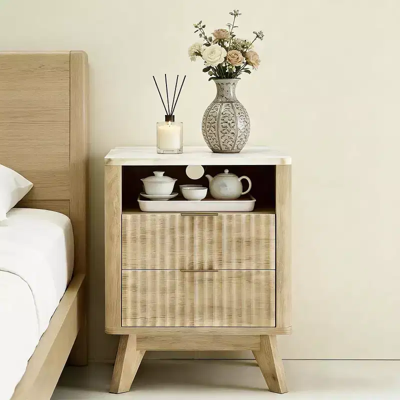 Modern Nightstand with Charging Station | 18 Small Bedside Table with Faux Marble Top & 2 Drawers | Oak Finish Bedroom, Living Room Night Stand