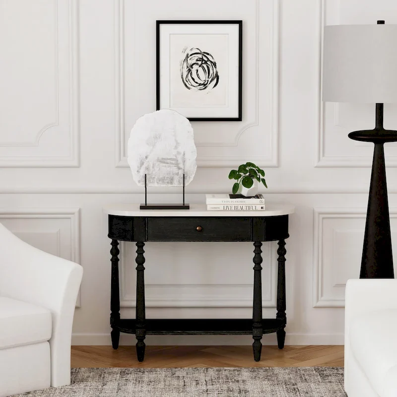 Marble Top Console Table – Light Brown / Grey / Washed Black, Demilune, 1-Person Assembly
